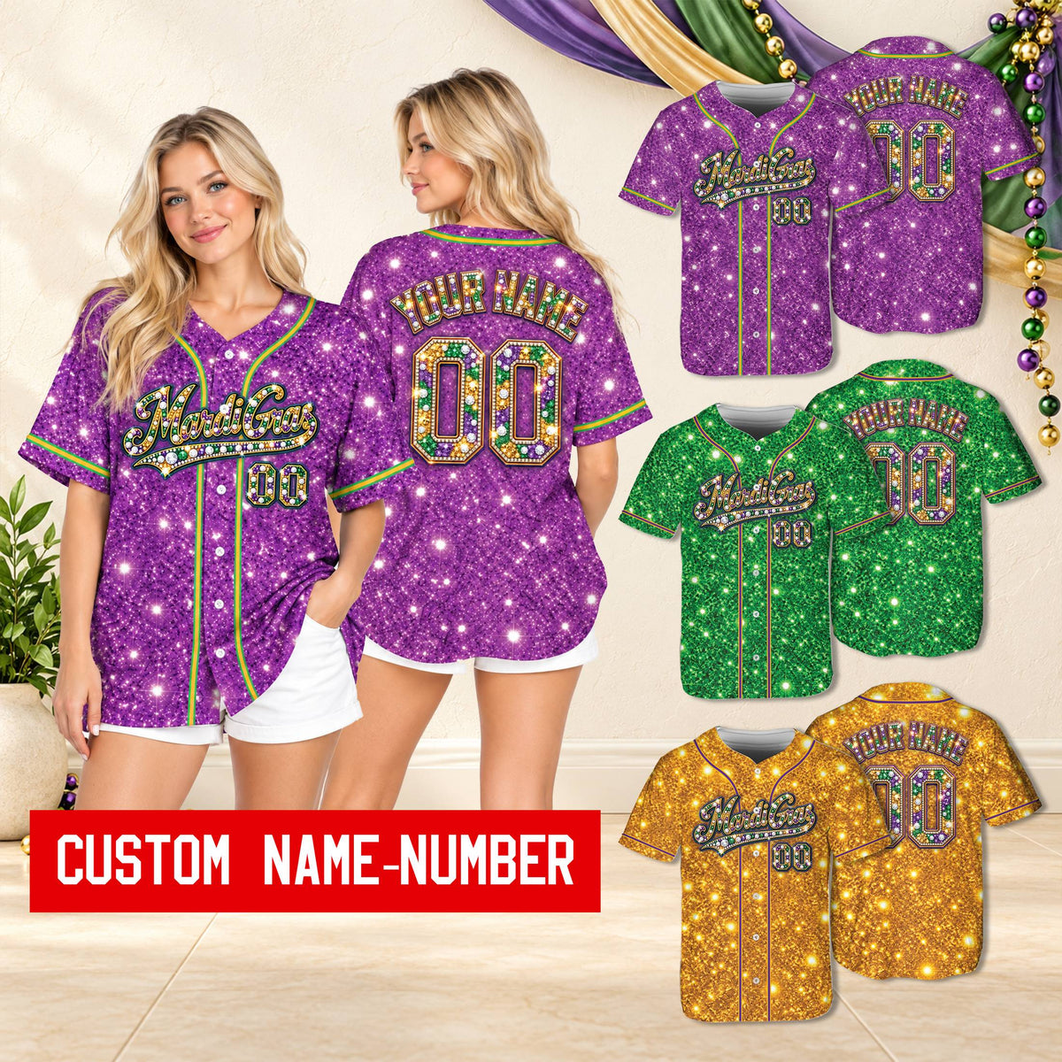 Lifestyle view of someone wearing a personalized mardi gras baseball jersey