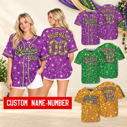 Lifestyle view of someone wearing a personalized mardi gras baseball jersey