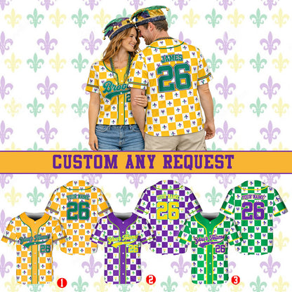 Close up lifestyle shot of a personalized mardi gras baseball jersey