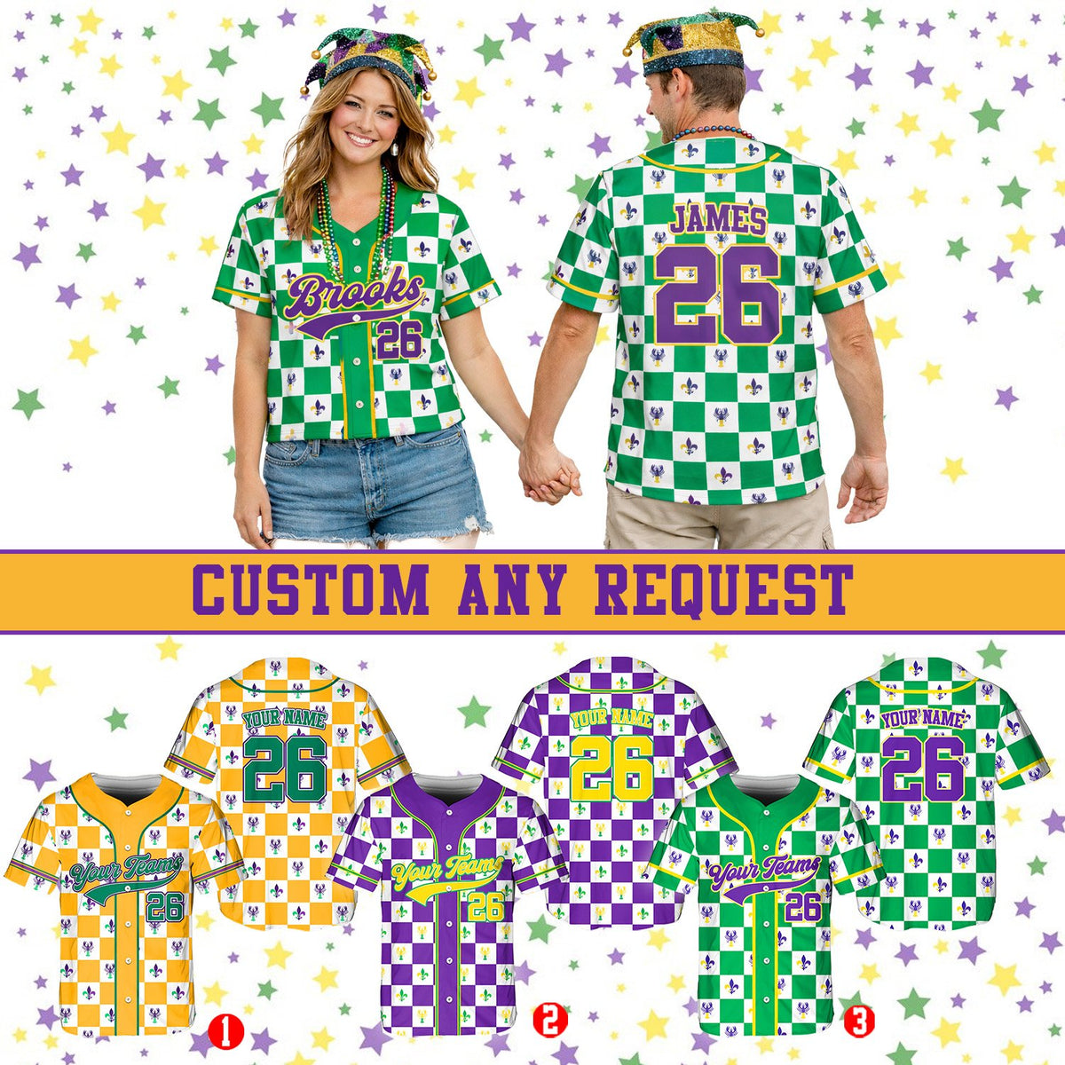 Side profile lifestyle shot of the mardi gras personalized baseball jersey