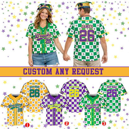 Side profile lifestyle shot of the mardi gras personalized baseball jersey