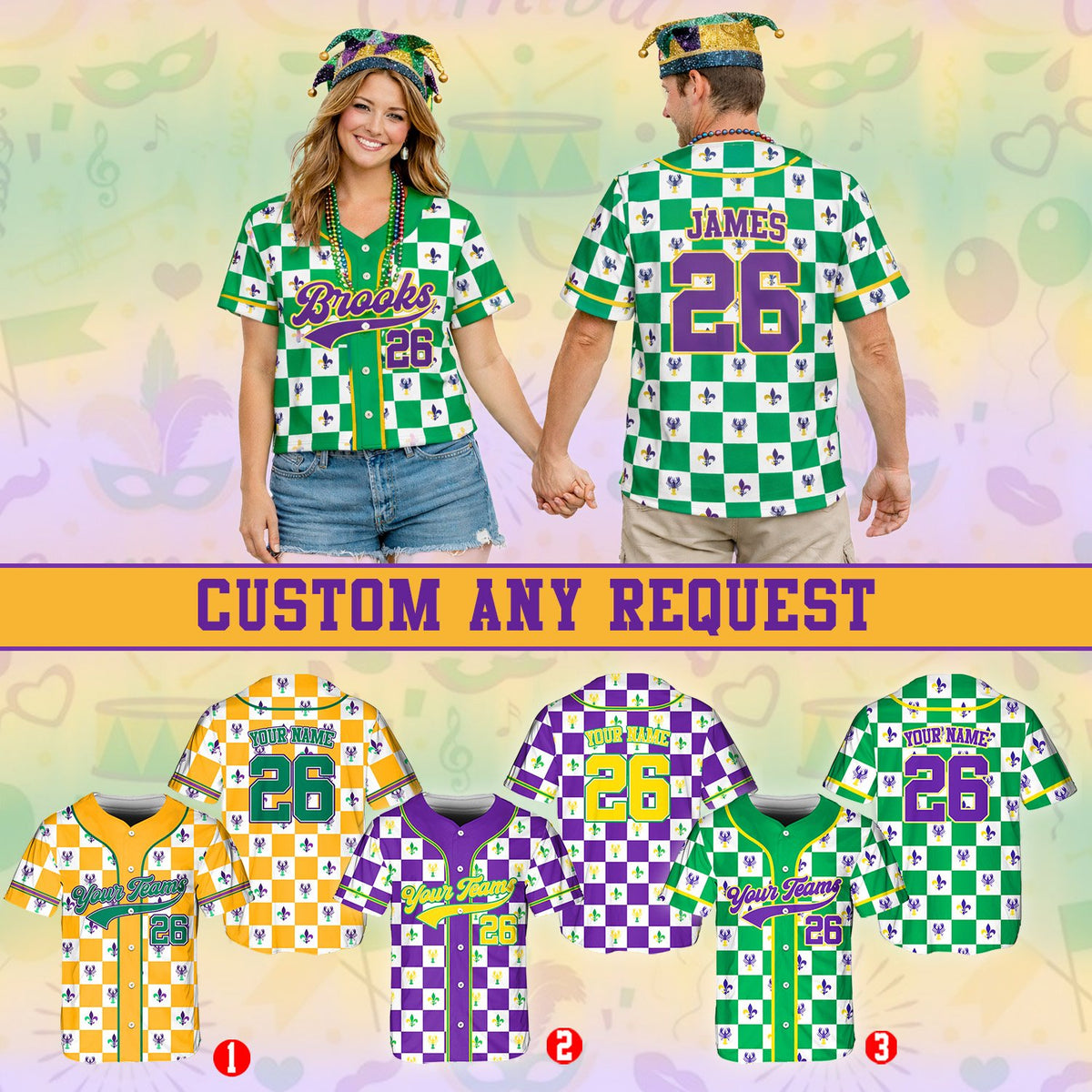 Lifestyle view showcasing the vibrant colors of the mardi gras custom jersey