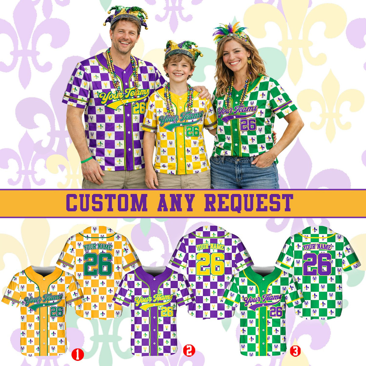 Lifestyle view of a custom mardi gras baseball jersey being worn