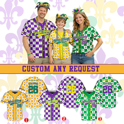 Lifestyle view of a custom mardi gras baseball jersey being worn