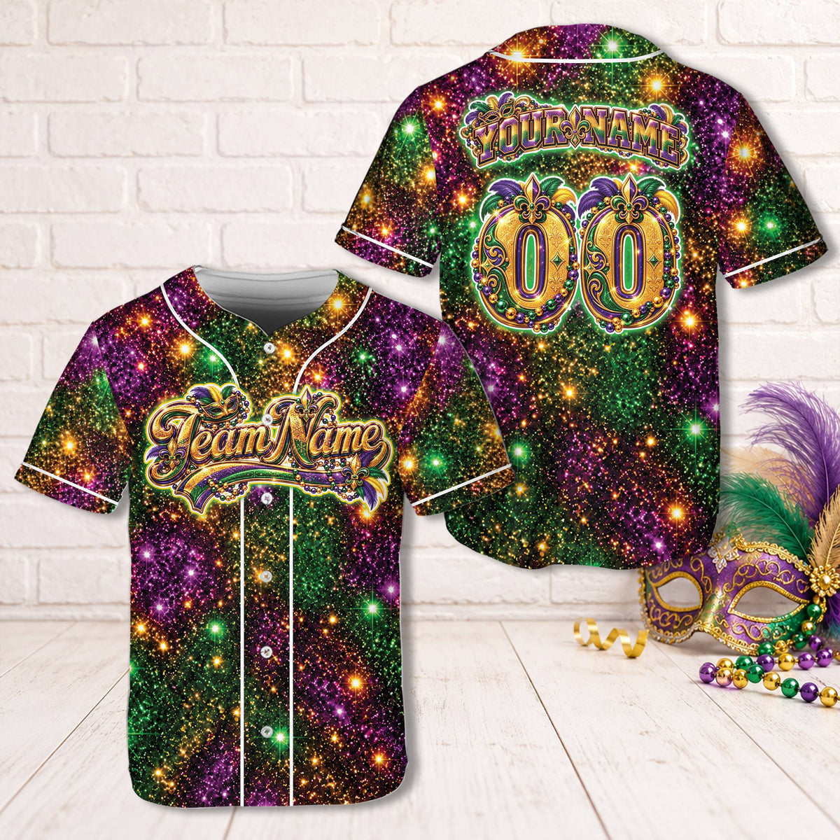 Front view of the personalized mardi gras baseball jersey featuring a sparkling purple, green, and gold design