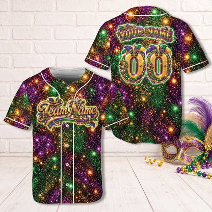 Front view of the personalized mardi gras baseball jersey featuring a sparkling purple, green, and gold design