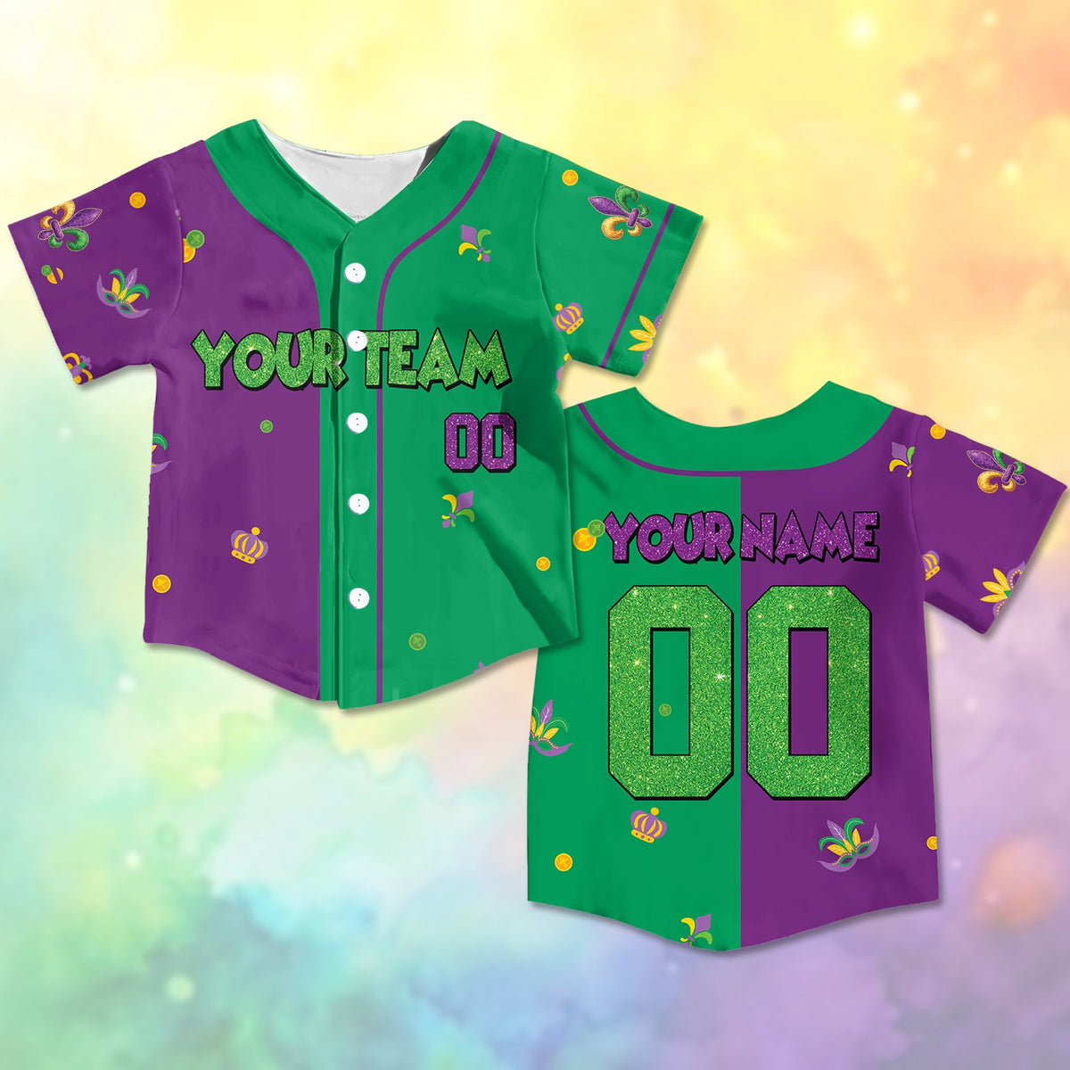 Mardi Gras custom baseball jersey showing colorful pattern, front view 2
