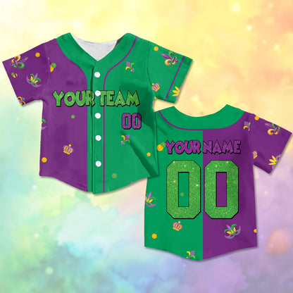 Mardi Gras custom baseball jersey showing colorful pattern, front view 2