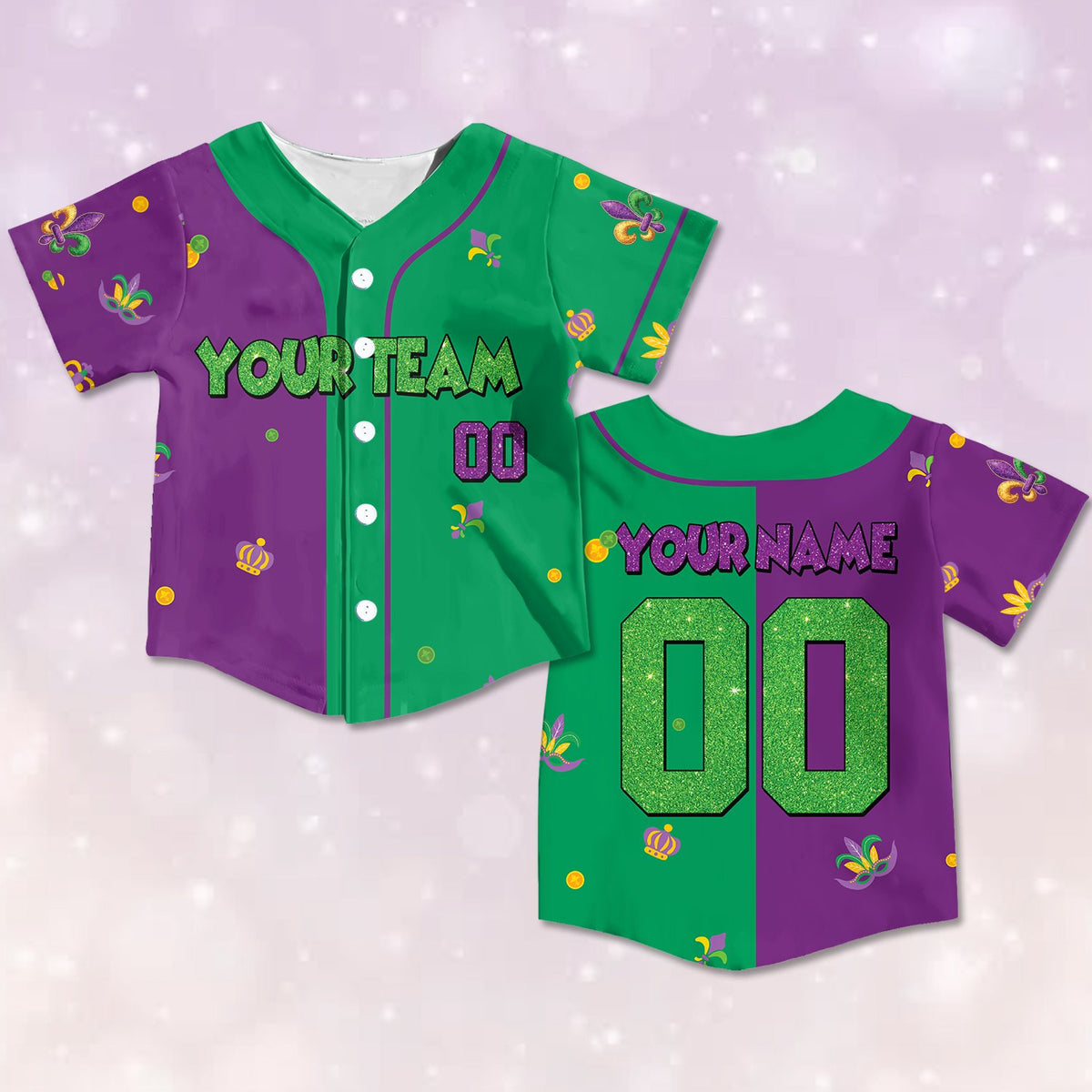 Multicolor Mardi Gras baseball jersey with personalization details, front view 3