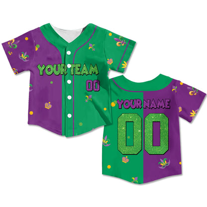 Mardi Gras themed personalized baseball jersey in multicolor, front view