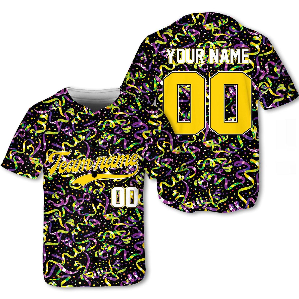 Personalized mardi gras baseball jersey with custom name and number, vibrant multicolor print, main view