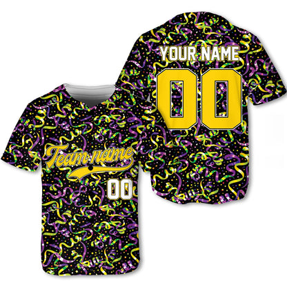 Personalized mardi gras baseball jersey with custom name and number, vibrant multicolor print, main view