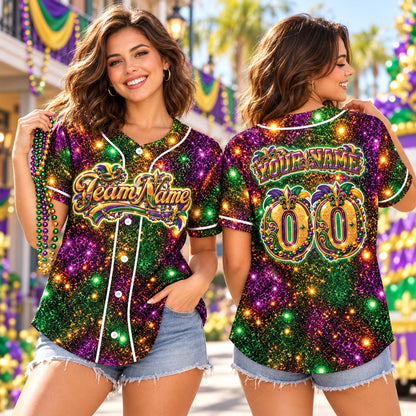 Lifestyle view of a person wearing the custom mardi gras baseball jersey with abstract design