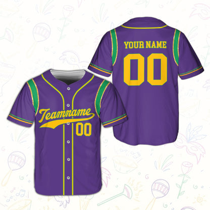 Purple mardi baseball jersey with custom name and number, front view