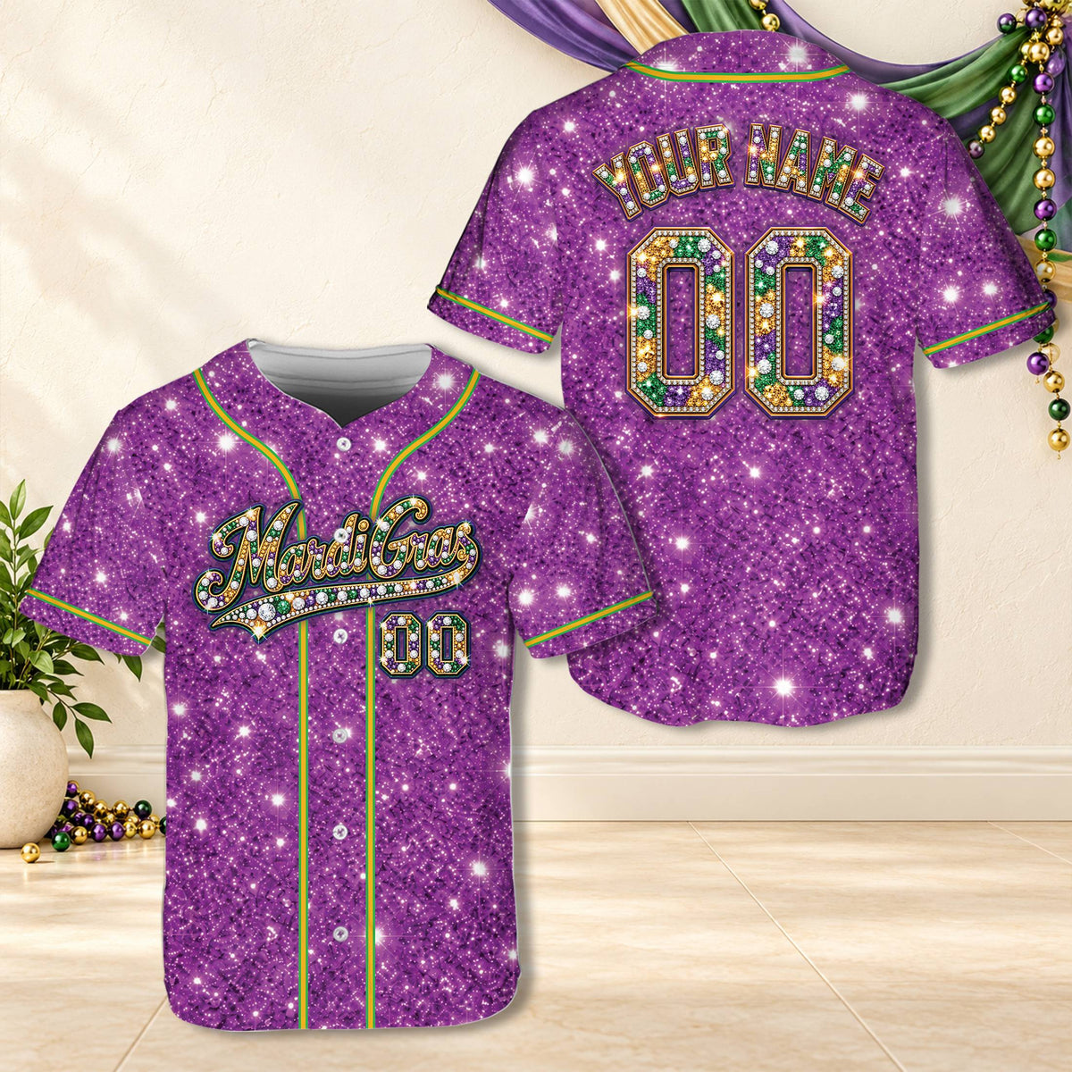 Personalized mardi gras baseball jersey in purple with custom name and number, main view