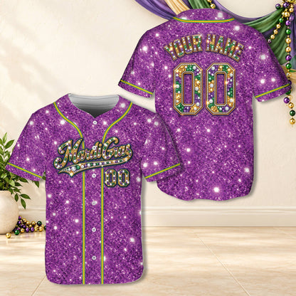Personalized mardi gras baseball jersey in purple with custom name and number, main view