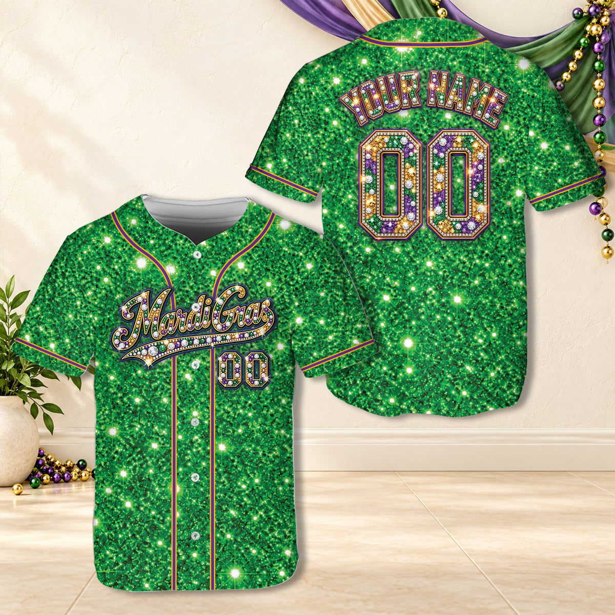 Front view of mardi gras baseball jersey in purple with glitter texture