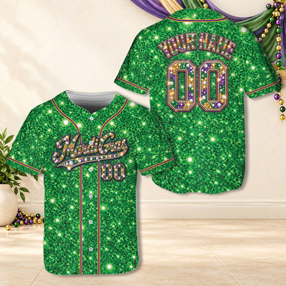 Front view of mardi gras baseball jersey in purple with glitter texture
