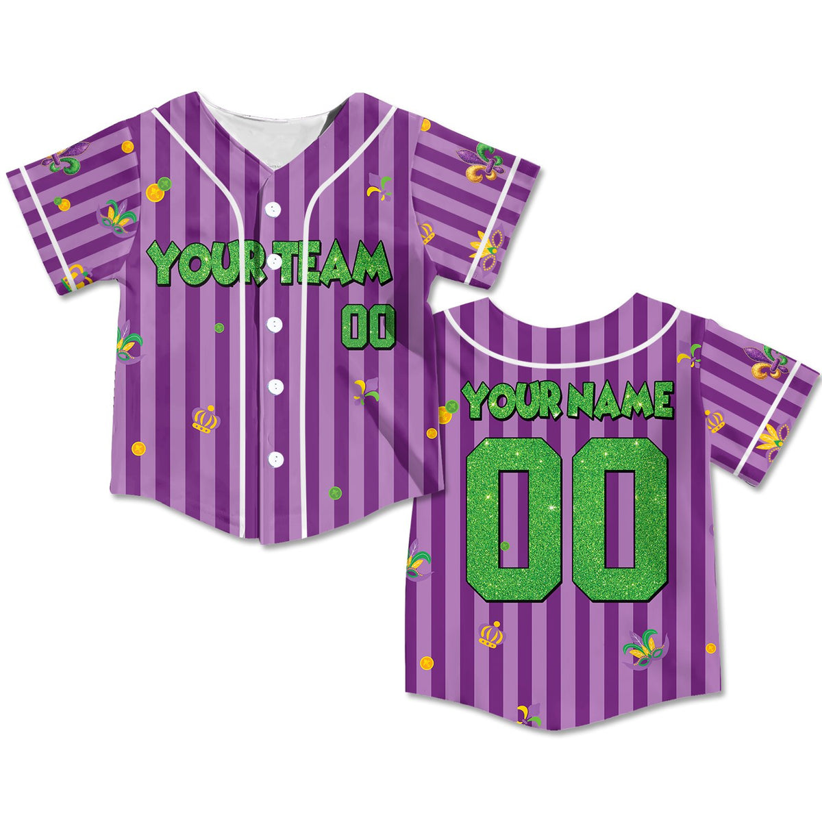 Purple themed Mardi Gras personalized baseball jersey, front view 4