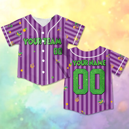Purple custom Mardi Gras baseball jersey showing pattern details, front view 5