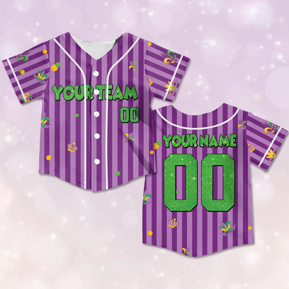 Purple Mardi Gras custom name baseball jersey, front view 6
