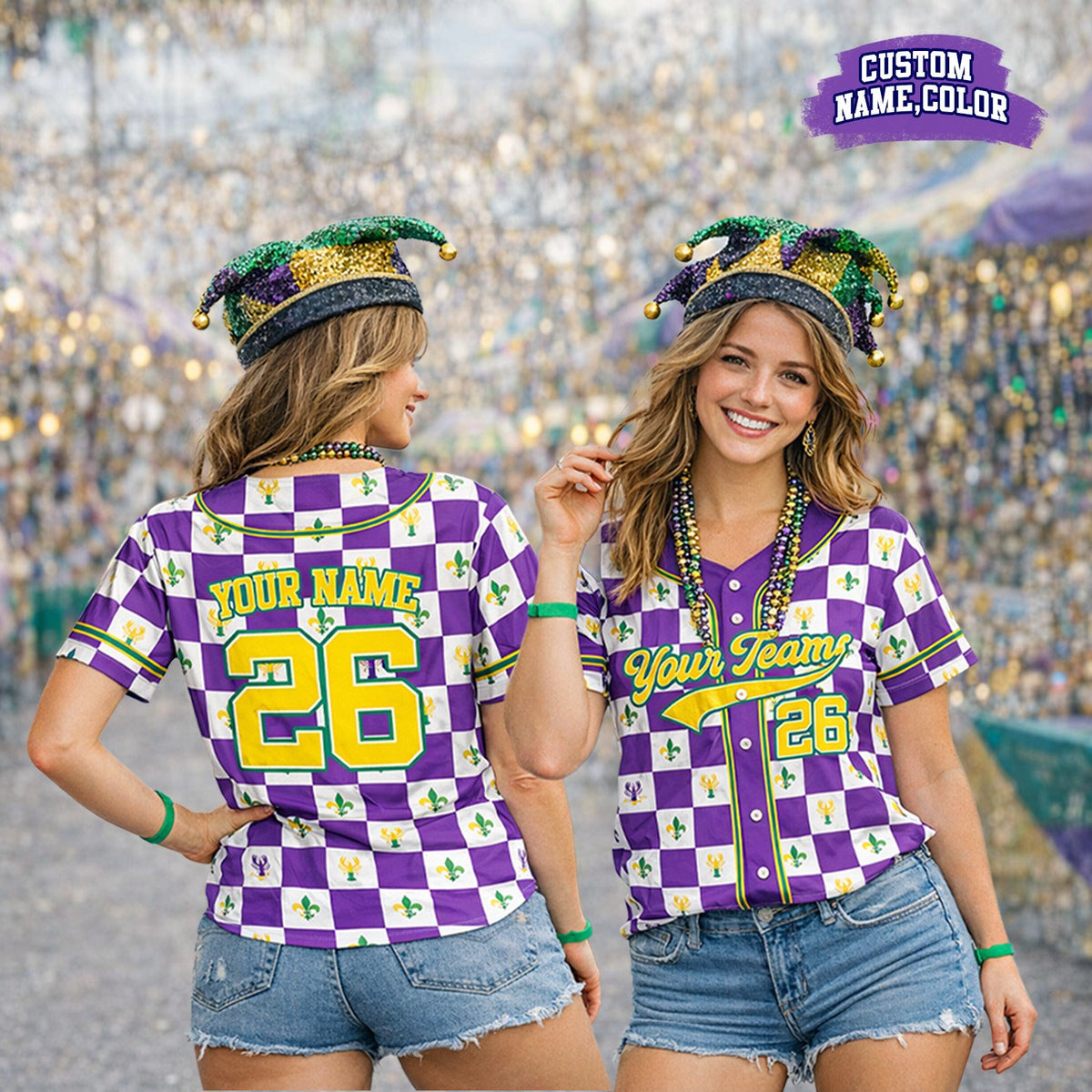 Personalized mardi baseball jersey with purple, gold, green, and white checkerboard pattern, front view