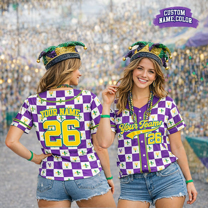 Personalized mardi baseball jersey with purple, gold, green, and white checkerboard pattern, front view