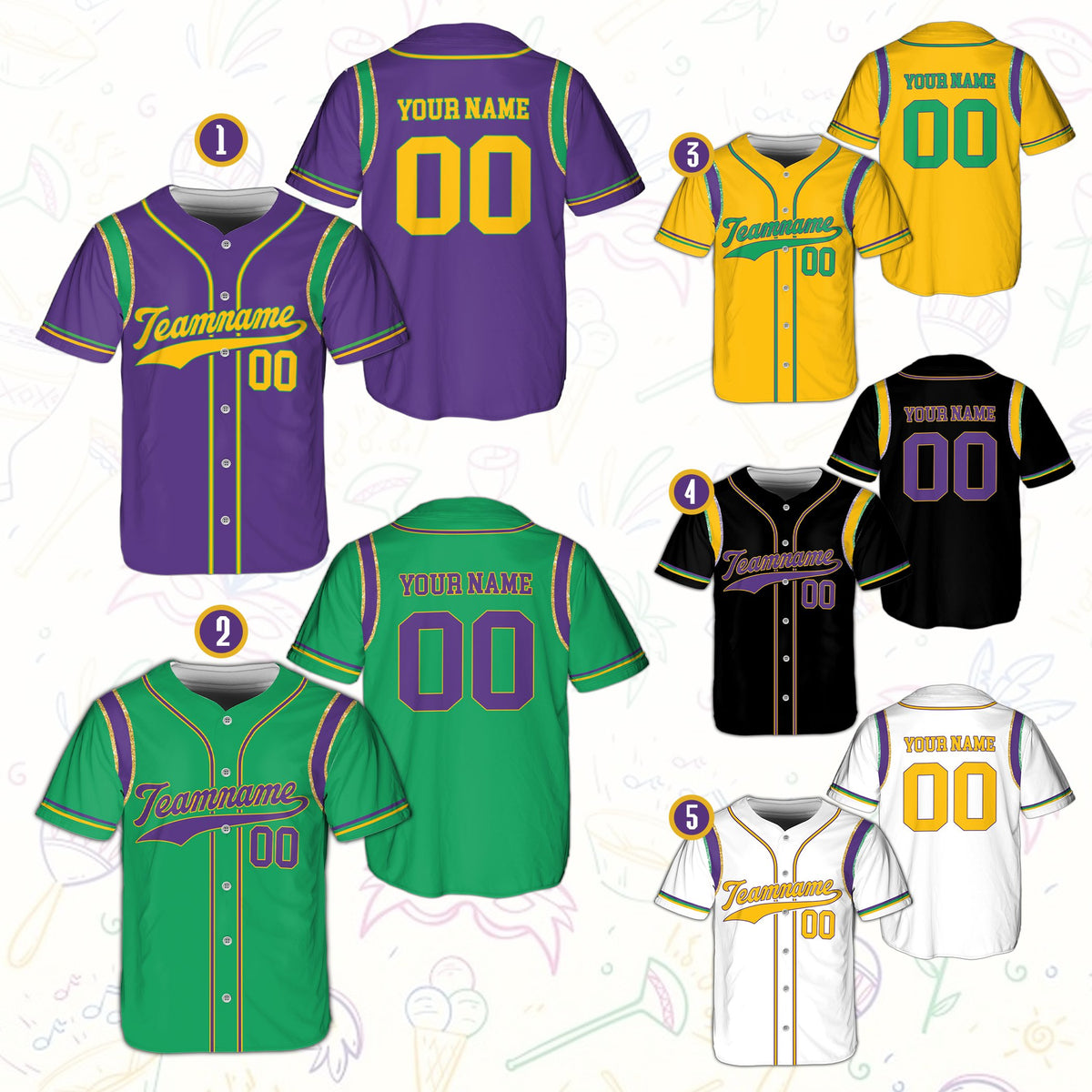 Detailed view of the Mardi Gras pattern and custom name on the baseball jersey