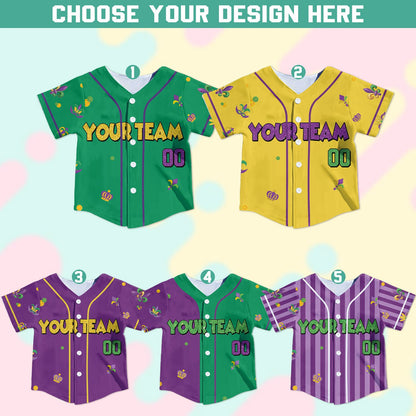Mardi Gras personalized baseball jersey showing fabric pattern, alternate view 2