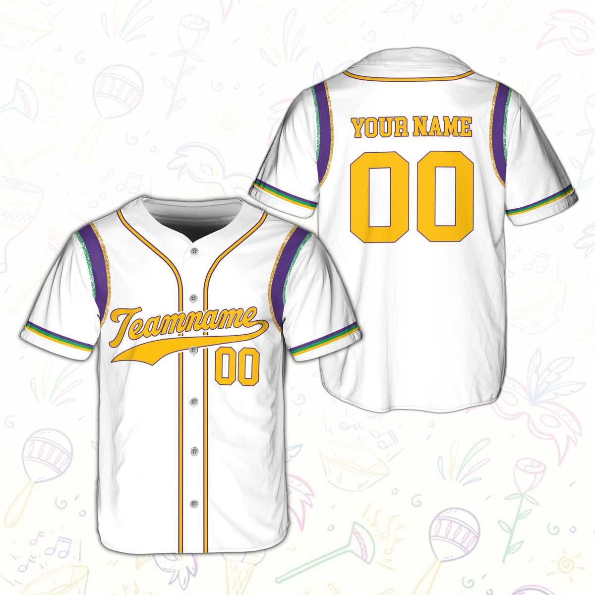 White button-down Mardi Gras baseball jersey, front view