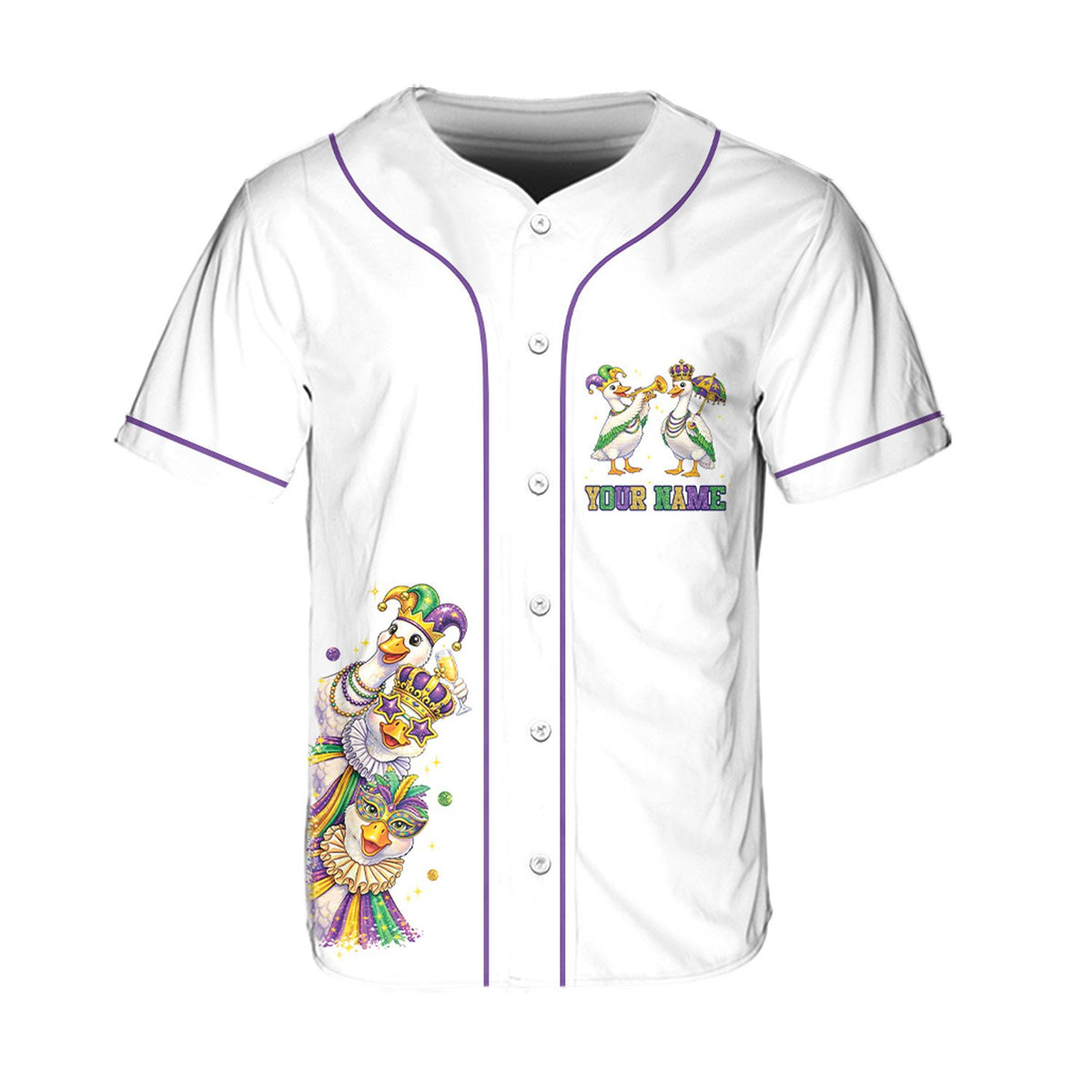 Another front view of the white Mardi Gras duck jersey