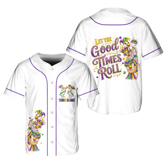 Main view of the personalized black mardi baseball jersey featuring a custom name and festive ducks