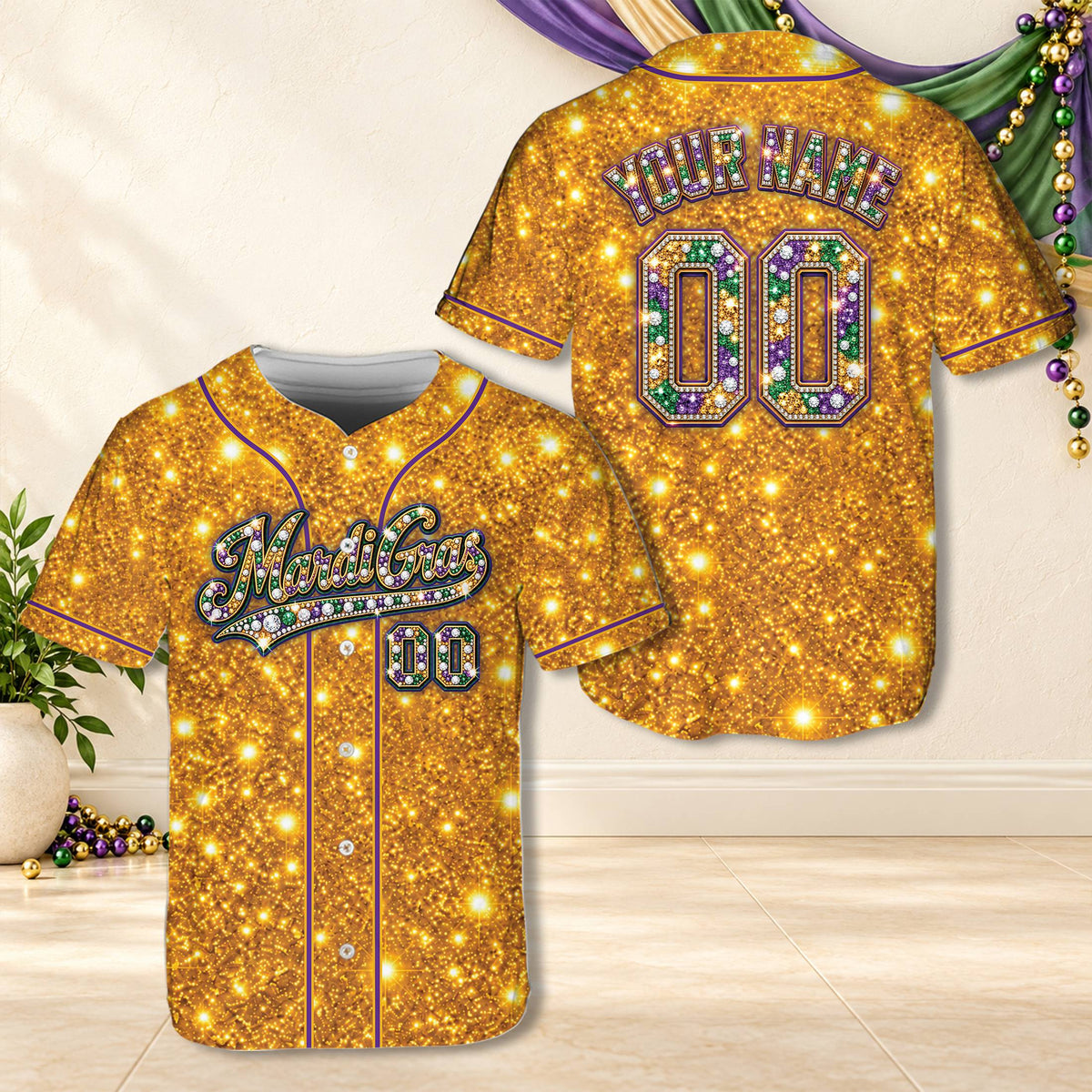 Front view of mardi gras baseball jersey in yellow with bead embellishments