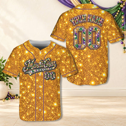 Front view of mardi gras baseball jersey in yellow with bead embellishments