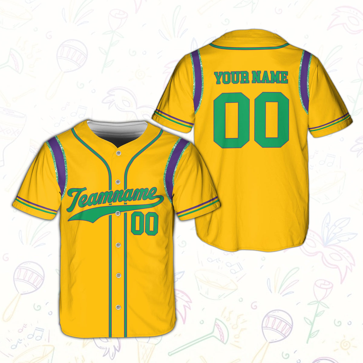 Yellow custom baseball jersey for Mardi Gras, front view