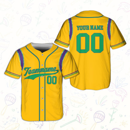 Yellow custom baseball jersey for Mardi Gras, front view