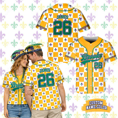 Person wearing a yellow and purple patterned custom baseball jersey outdoors