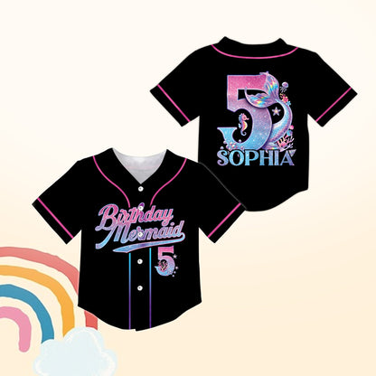 Black personalized baseball jersey with mermaid birthday design, front view