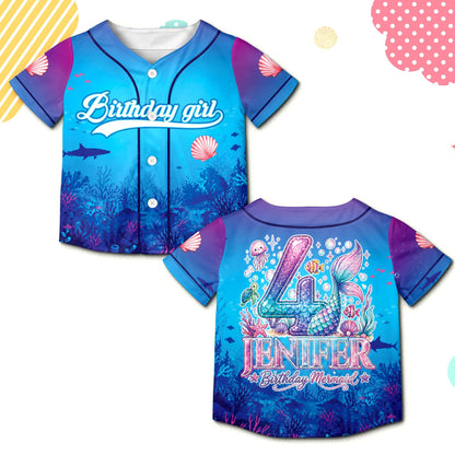 Front view of the blue mermaid birthday baseball jersey featuring an underwater scene