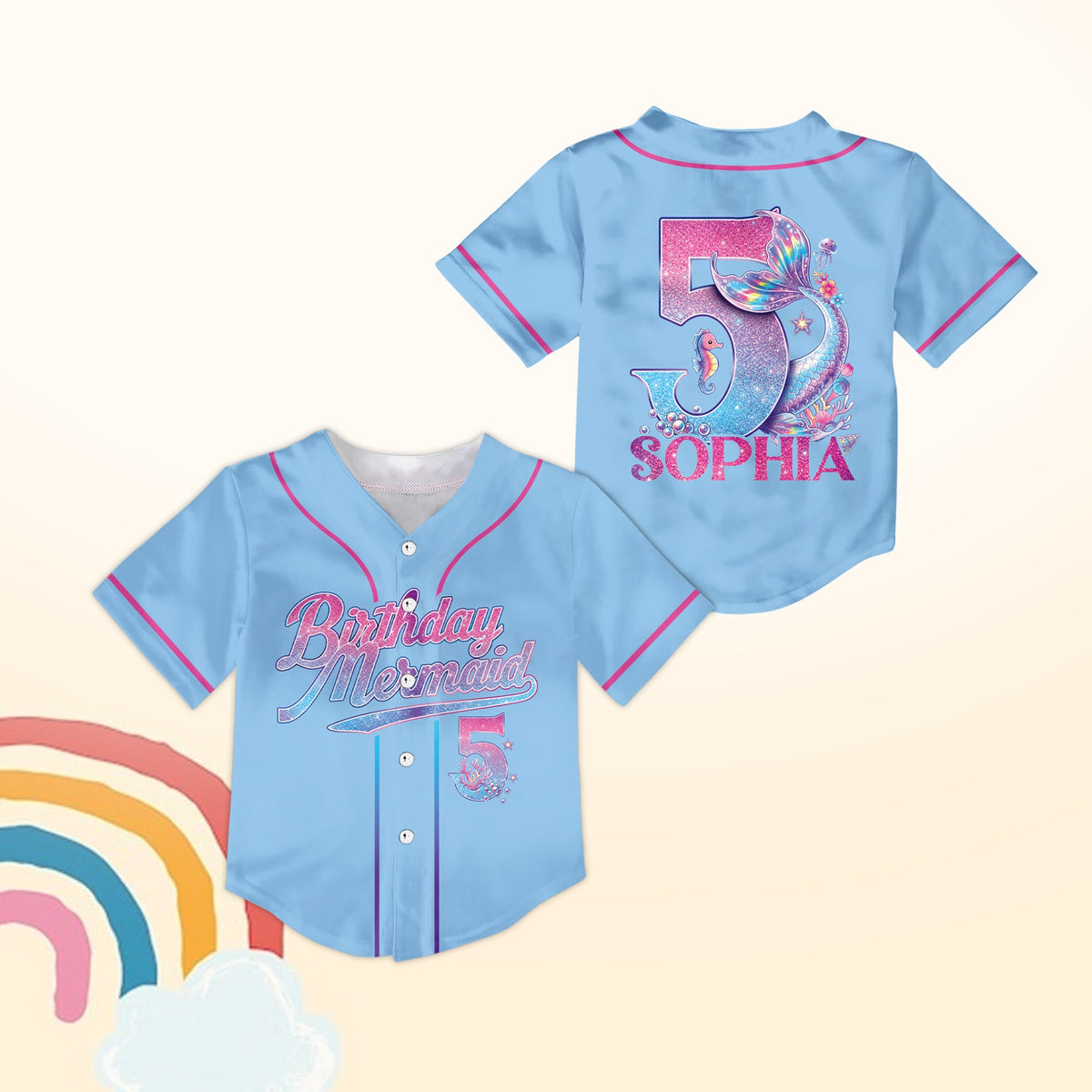 Blue mermaid birthday baseball jersey, front view