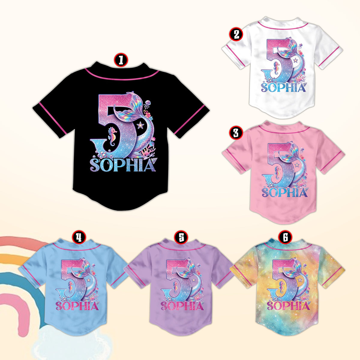 Back view of multicolor personalized baseball jersey showing custom name and number with mermaid tail