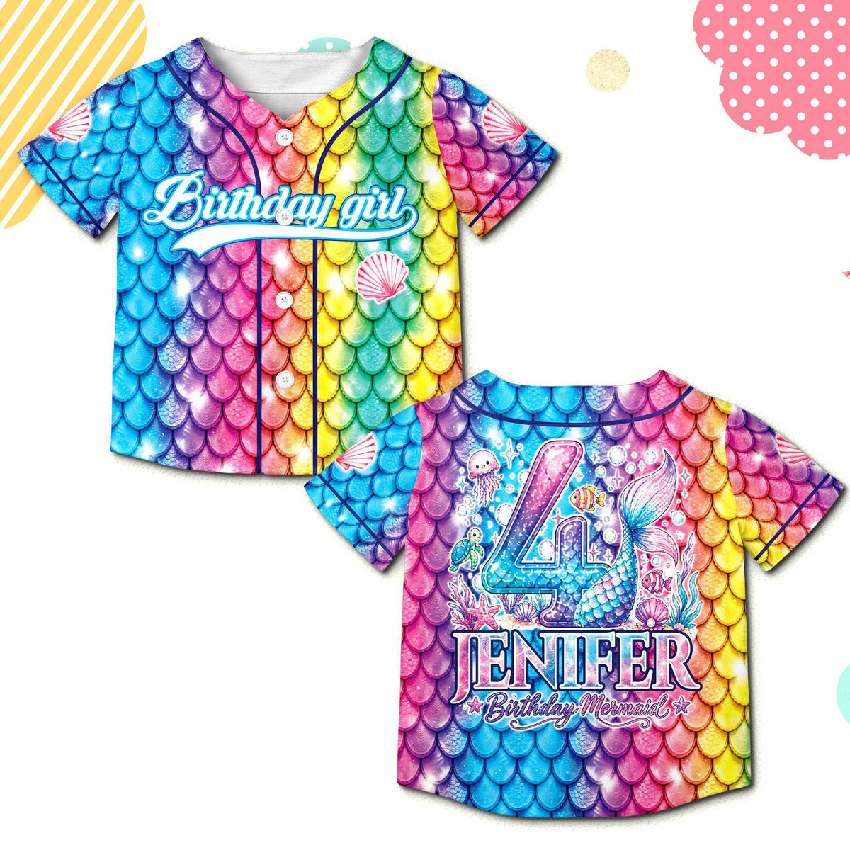 Front view of the multicolor personalized baseball jersey with a mermaid scale pattern