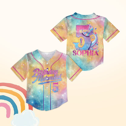 Multicolor custom baseball jersey with mermaid theme, front view