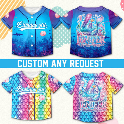 Alternate view of the multicolor mermaid birthday baseball jersey showing the colorful design