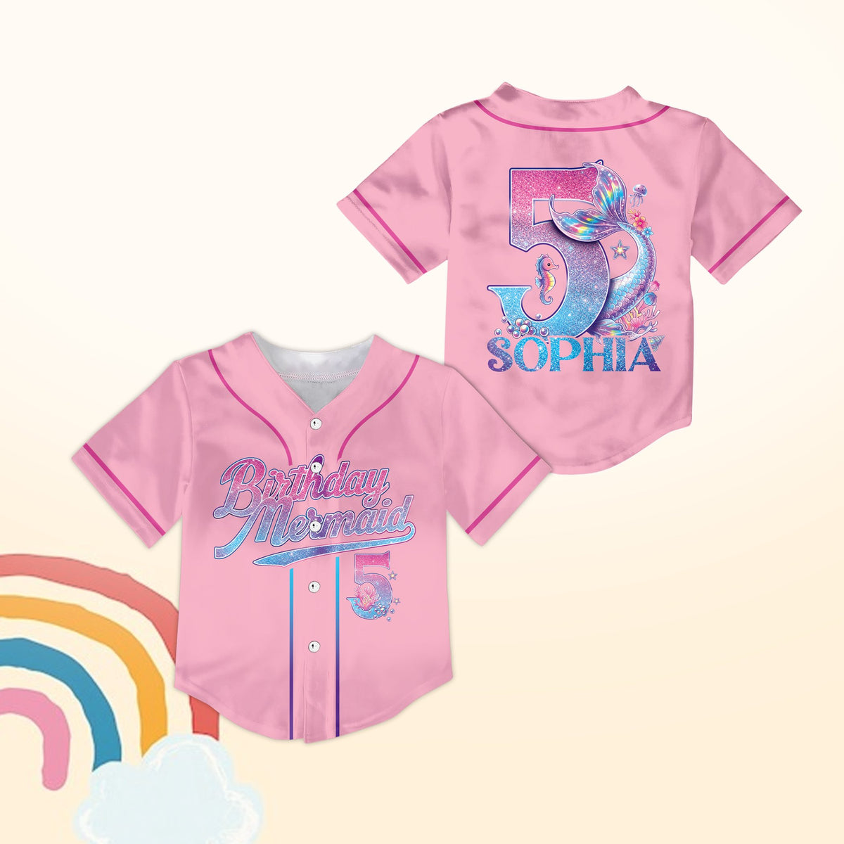 Pink mermaid baseball jersey featuring birthday design, front view