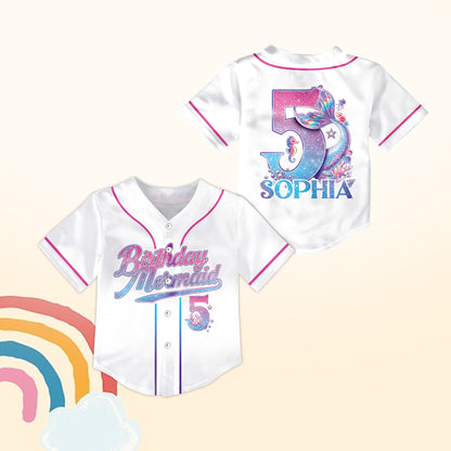 White custom name and number baseball jersey with mermaid birthday theme, front view