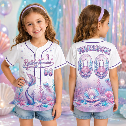 Personalized black mermaid baseball jersey front view with Birthday Mermaid text