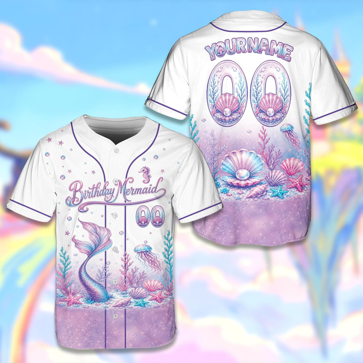 Detailed view of personalized black mermaid baseball jersey