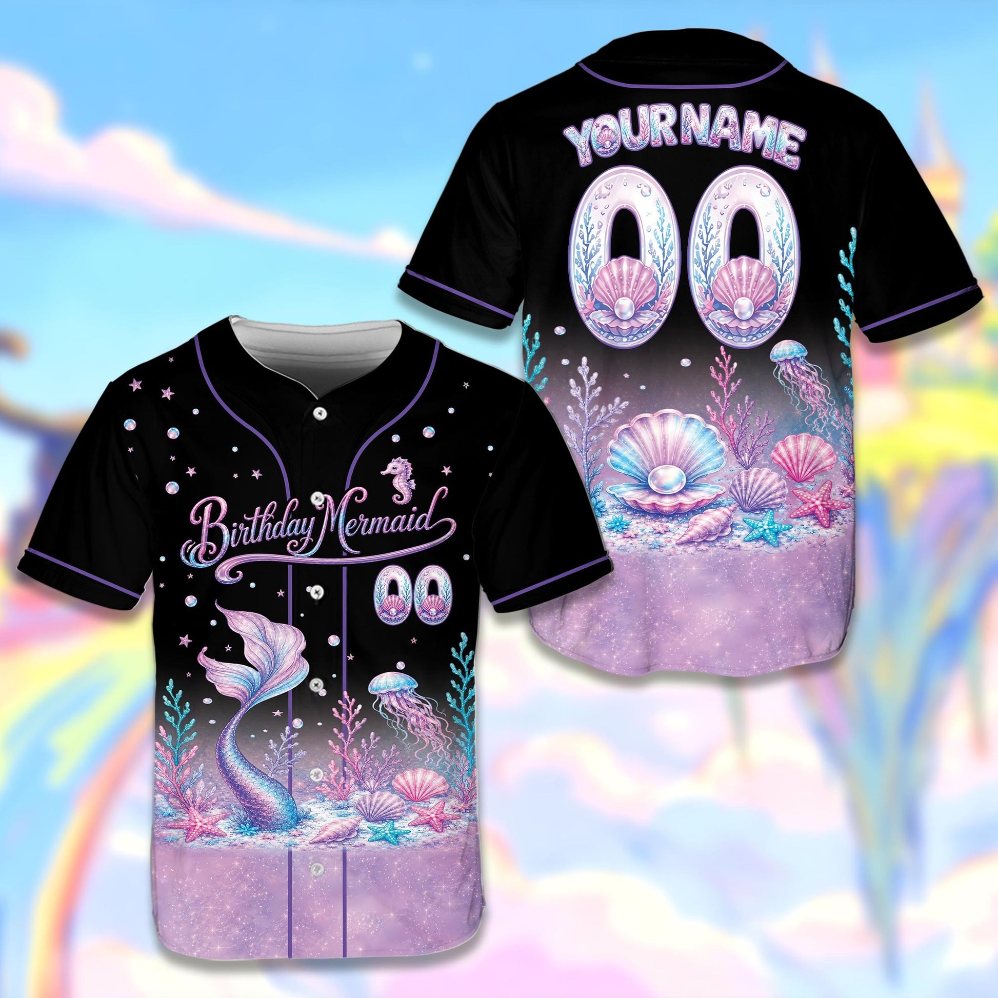Personalized white mermaid baseball jersey front view with Birthday Mermaid text