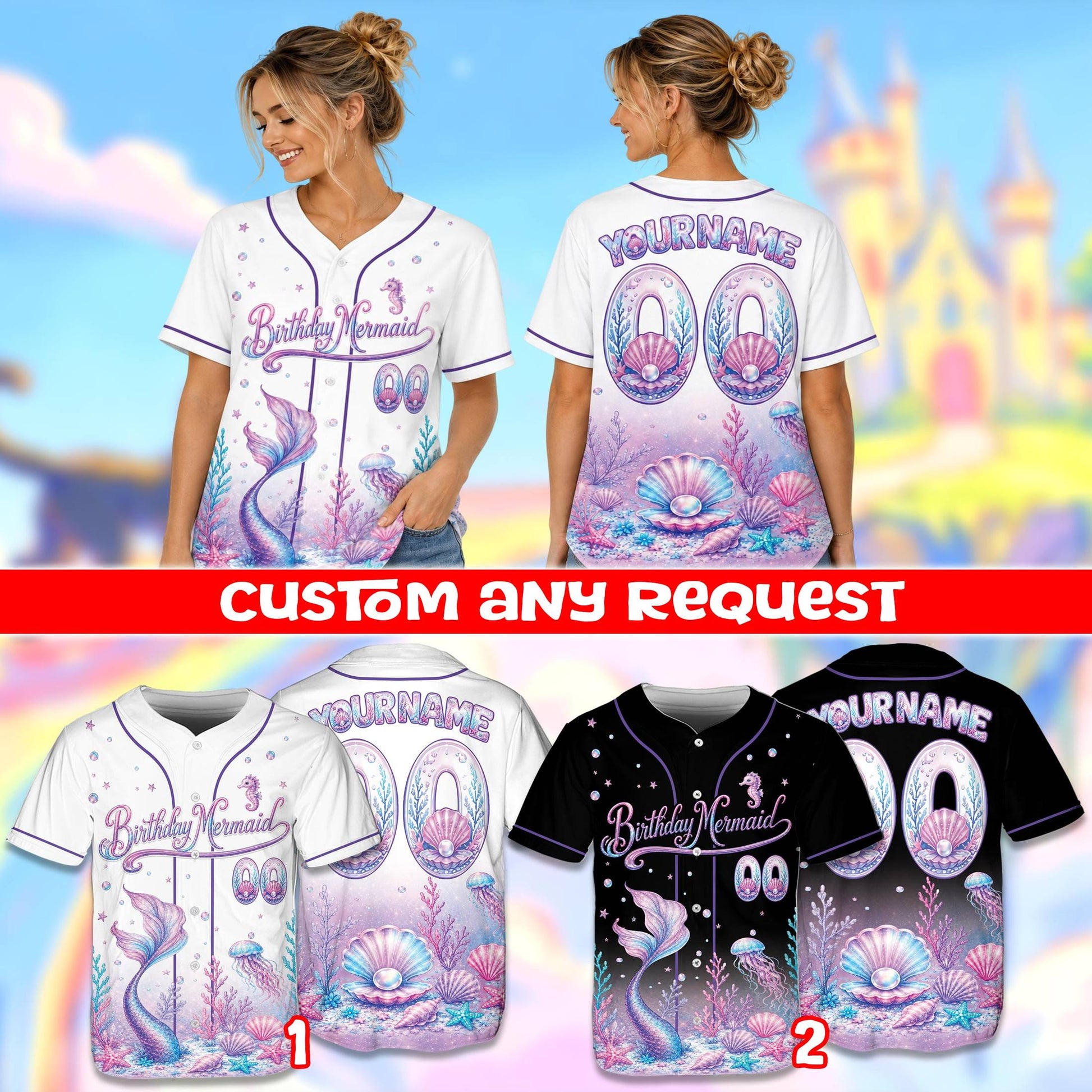 Lifestyle view of adult wearing personalized white mermaid baseball jersey
